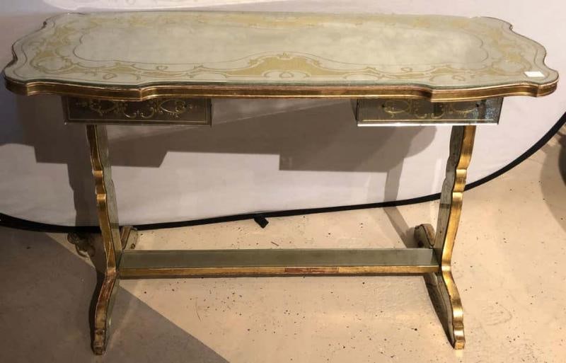 Jansen Fine Eglomise Double Drawer Etched Mirror and Silver Leaf Vanity Desk - 3