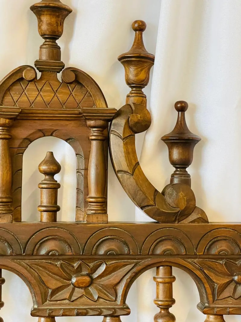 Victorian Eccentric Wooden Headboard, Jacobian Style, Walnut - 10