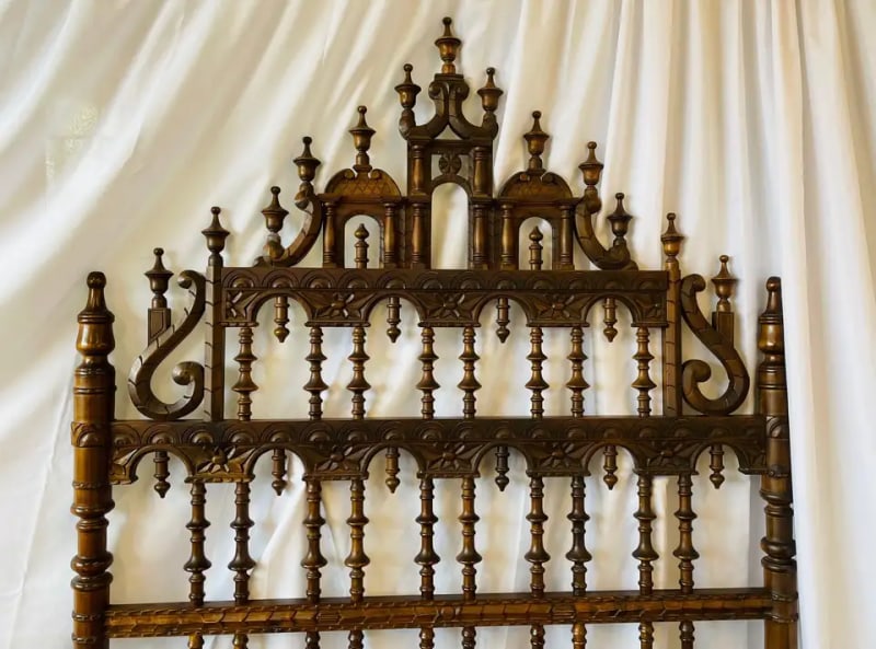 Victorian Eccentric Wooden Headboard, Jacobian Style, Walnut - 2