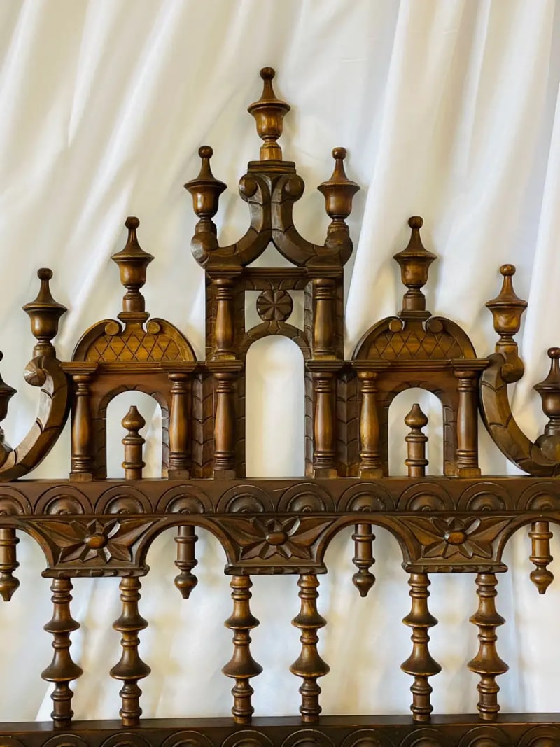 Victorian Eccentric Wooden Headboard, Jacobian Style, Walnut - 4