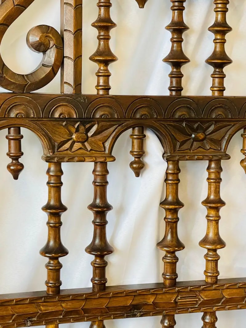 Victorian Eccentric Wooden Headboard, Jacobian Style, Walnut - 8