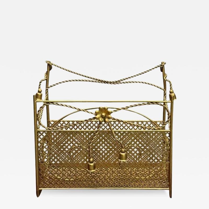 Hollywood Regency Gilt Bronze Magazine Rack, Rope an Tassel Form (1 of 12)
