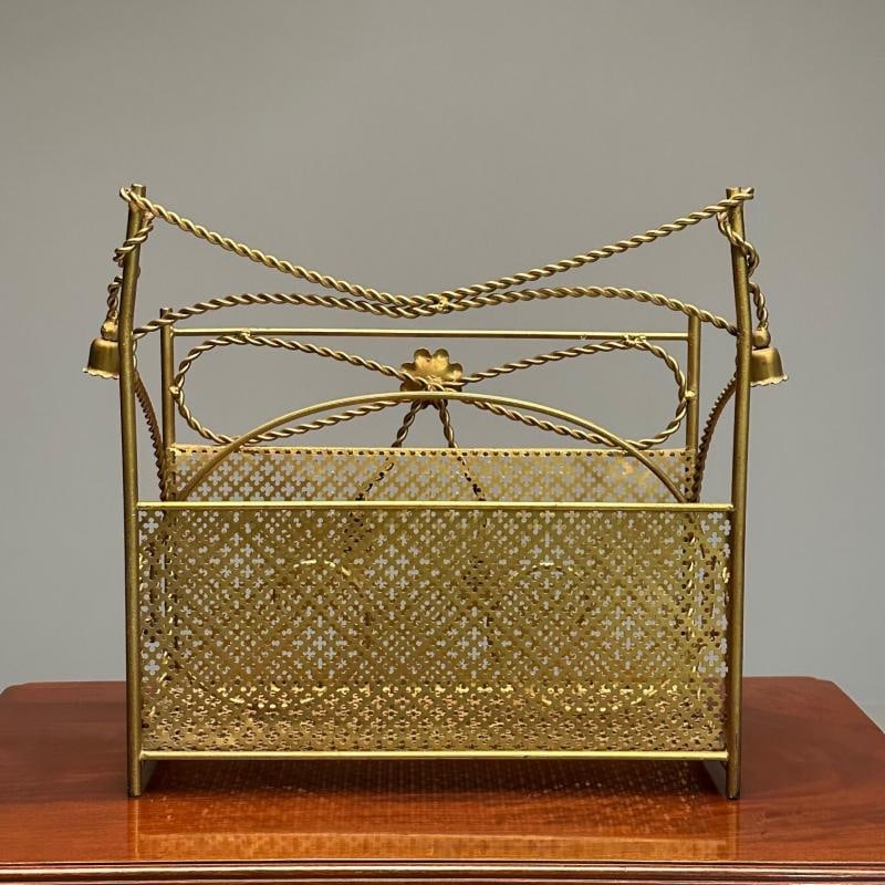 Hollywood Regency Gilt Bronze Magazine Rack, Rope an Tassel Form - 6