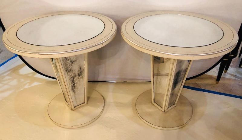 Hollywood Regency Paint Decorated Mirrored Side, End or Lamp Tables, a Pair - 2