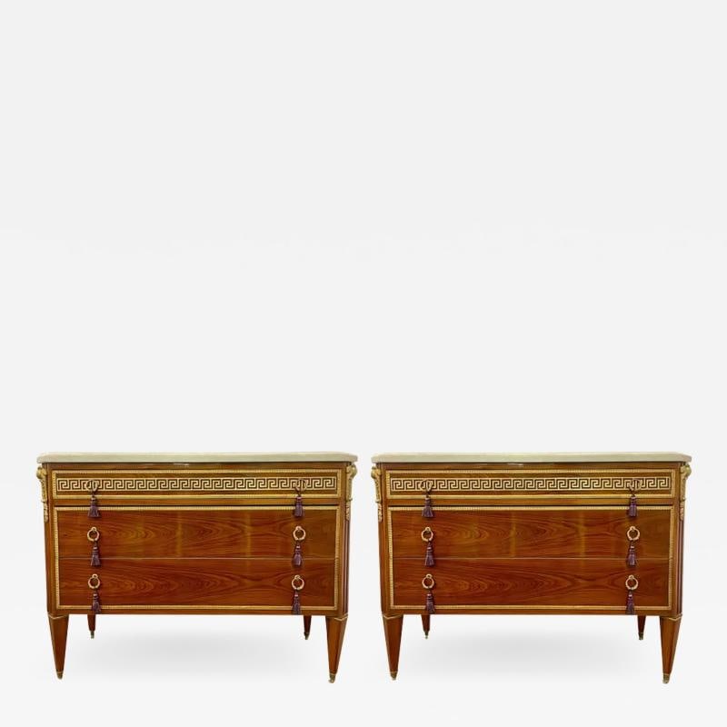 Pair of Tortoise Louis XVI Style Commodes, Chests or Nightstands, Greek Key - 2