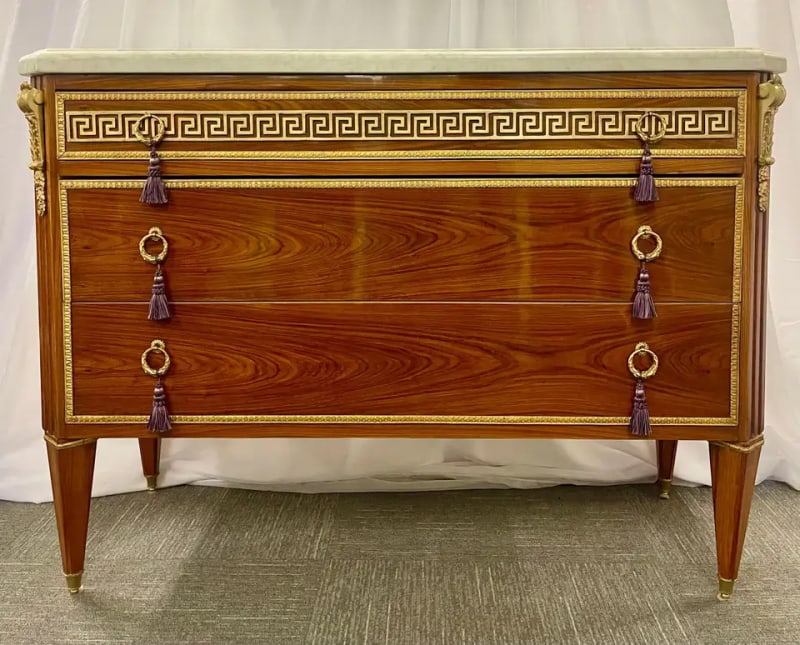 Pair of Tortoise Louis XVI Style Commodes, Chests or Nightstands, Greek Key - 6