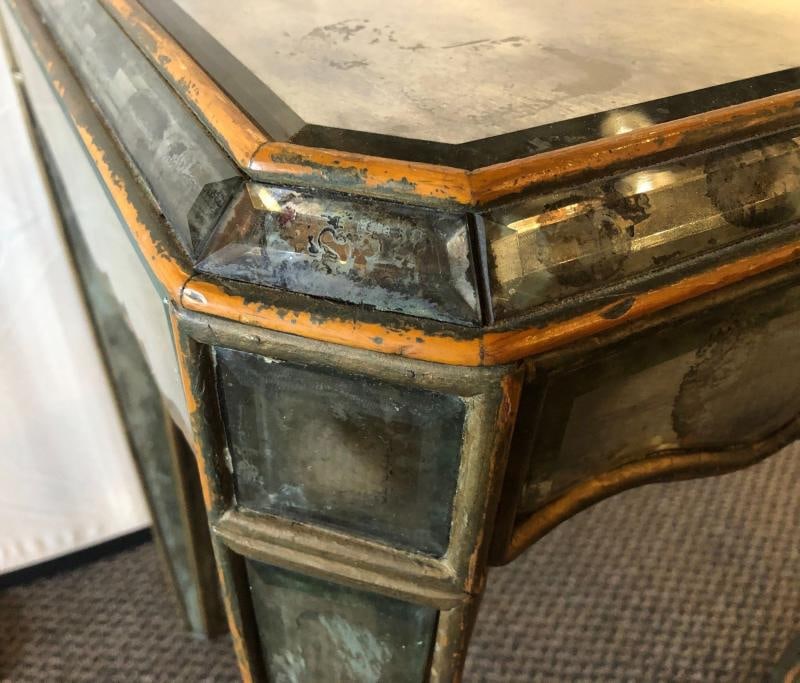 Hollywood Regency Distressed Beveled Mirror Single Draw End, Side Table or Desk - 11