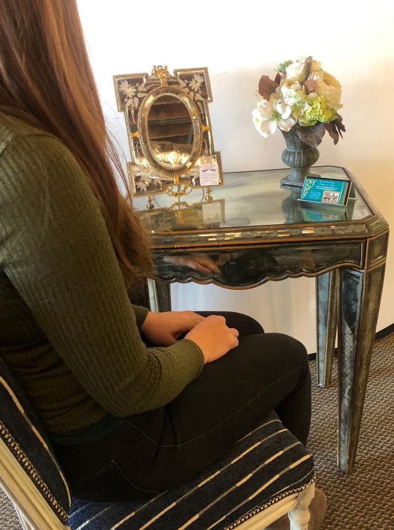 Hollywood Regency Distressed Beveled Mirror Single Draw End, Side Table or Desk - 12