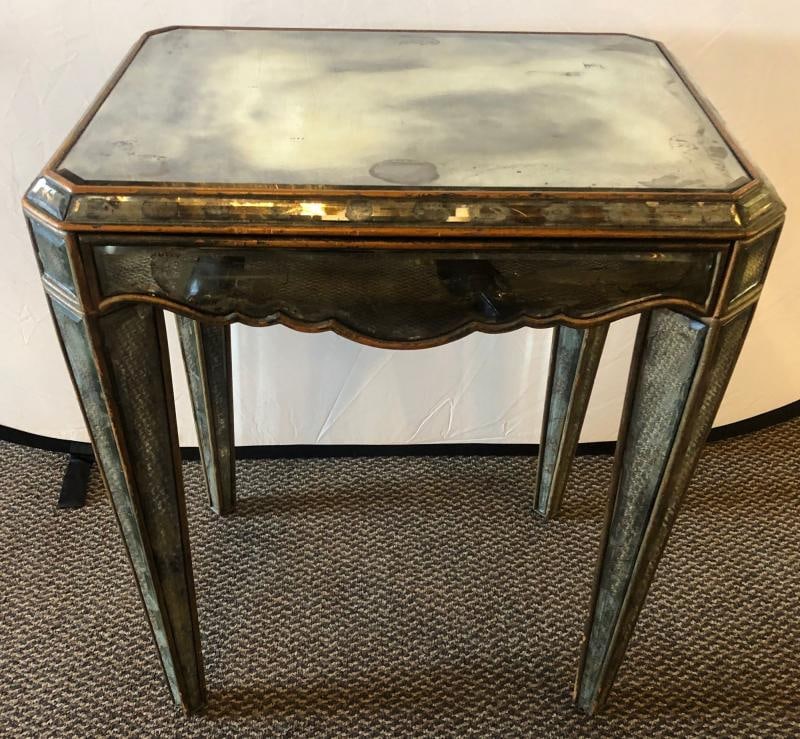 Hollywood Regency Distressed Beveled Mirror Single Draw End, Side Table or Desk - 2