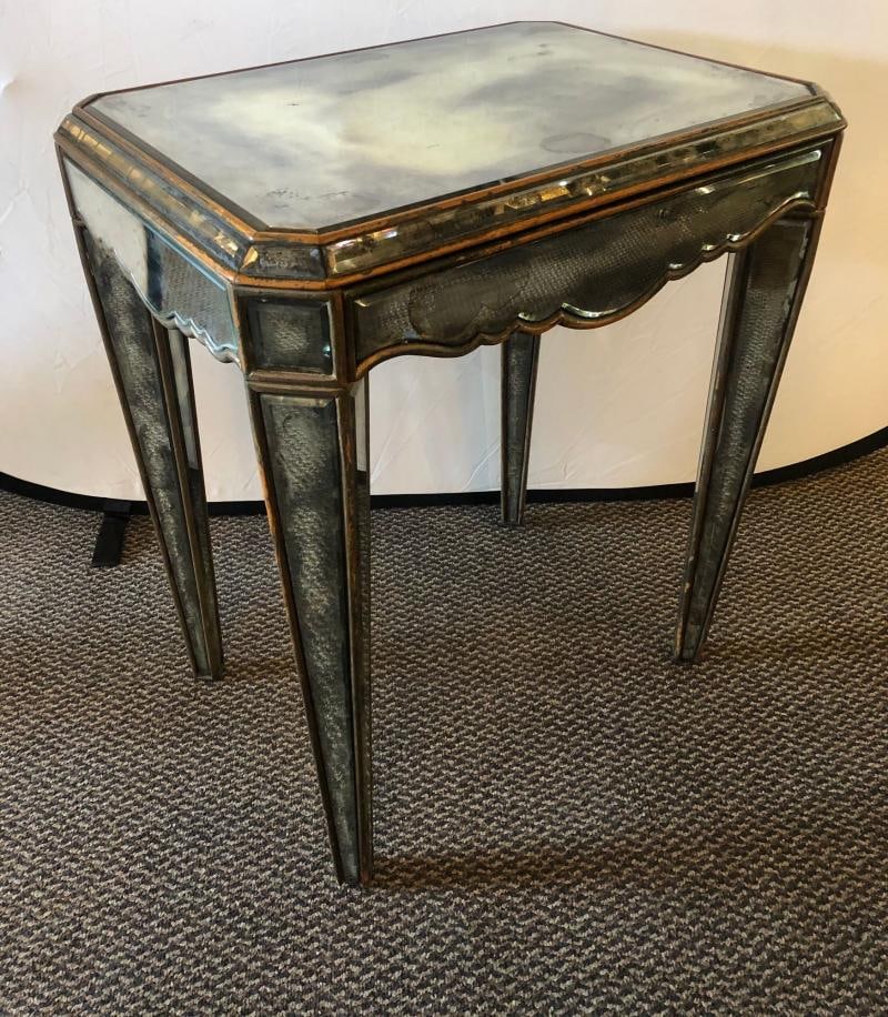 Hollywood Regency Distressed Beveled Mirror Single Draw End, Side Table or Desk - 4