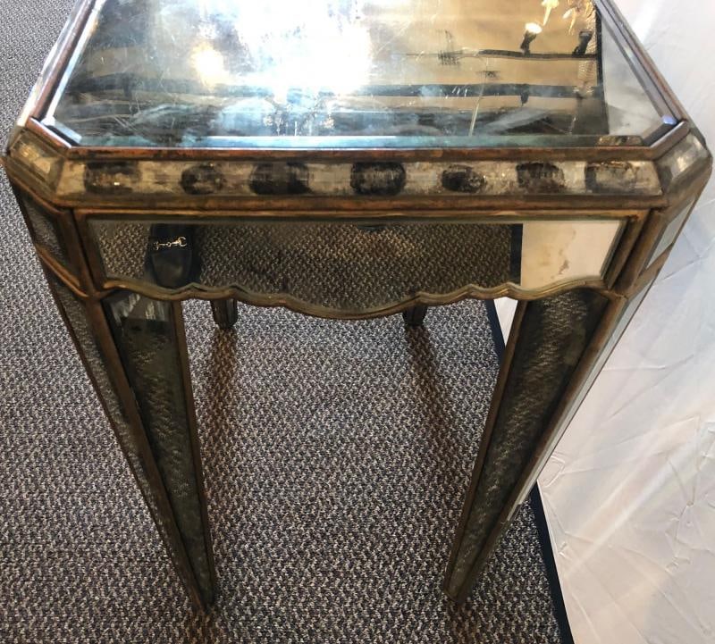 Hollywood Regency Distressed Beveled Mirror Single Draw End, Side Table or Desk - 5