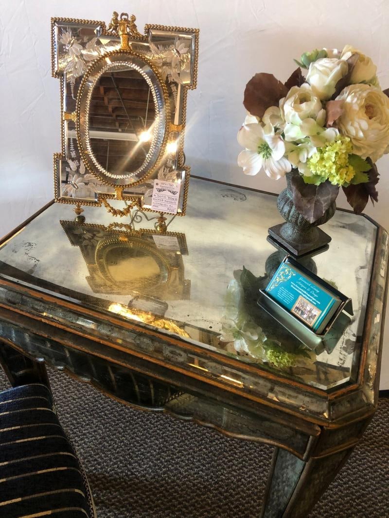 Hollywood Regency Distressed Beveled Mirror Single Draw End, Side Table or Desk - 7