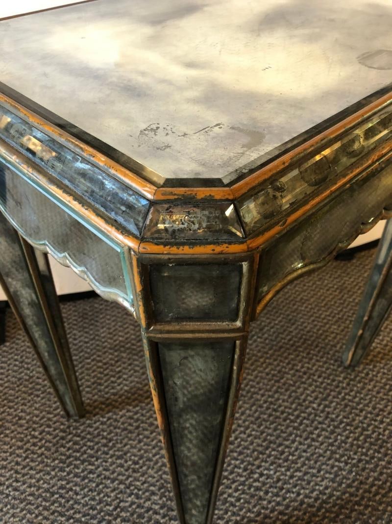 Hollywood Regency Distressed Beveled Mirror Single Draw End, Side Table or Desk - 9