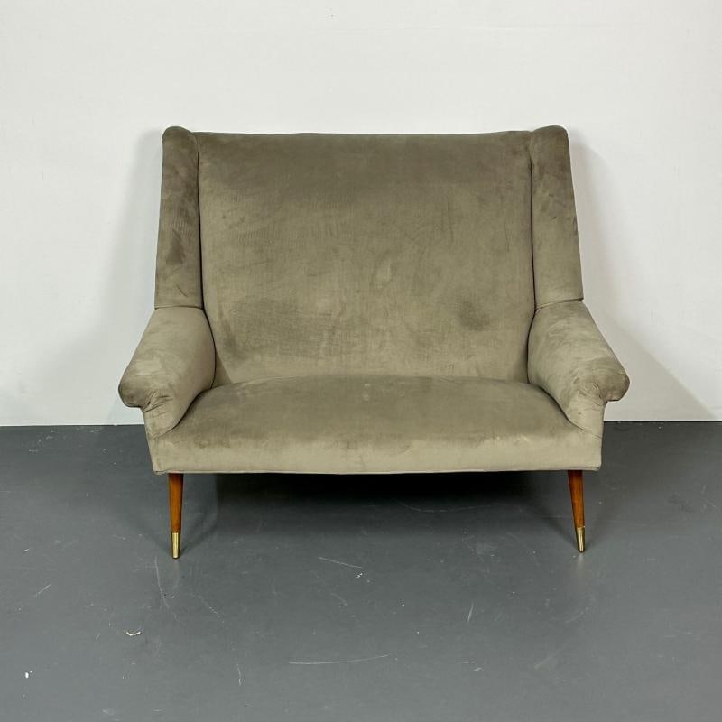 Italian Mid-Century Modern Gio Ponti Style Sofa / Settee, Velvet, Walnut, 1950s - 2