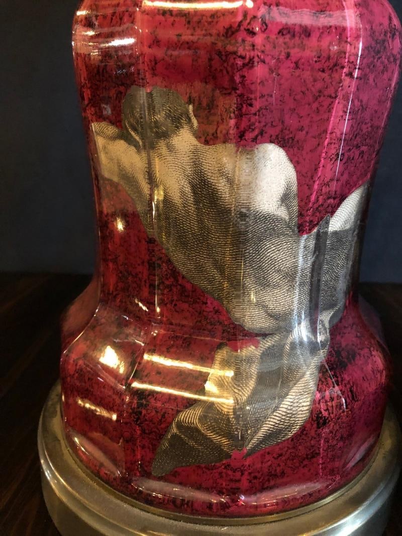 Pair of Neoclassical Cranberry Glass Decoupage Cherub Decorated Table Lamps - 10