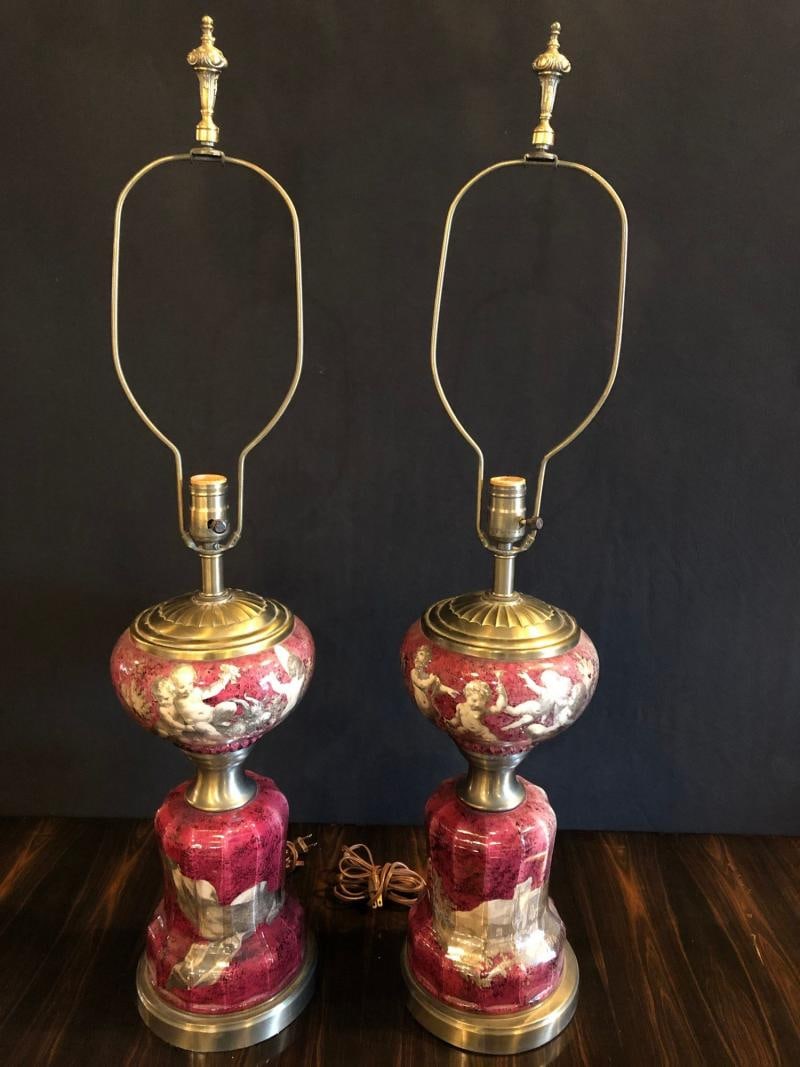 Pair of Neoclassical Cranberry Glass Decoupage Cherub Decorated Table Lamps - 11