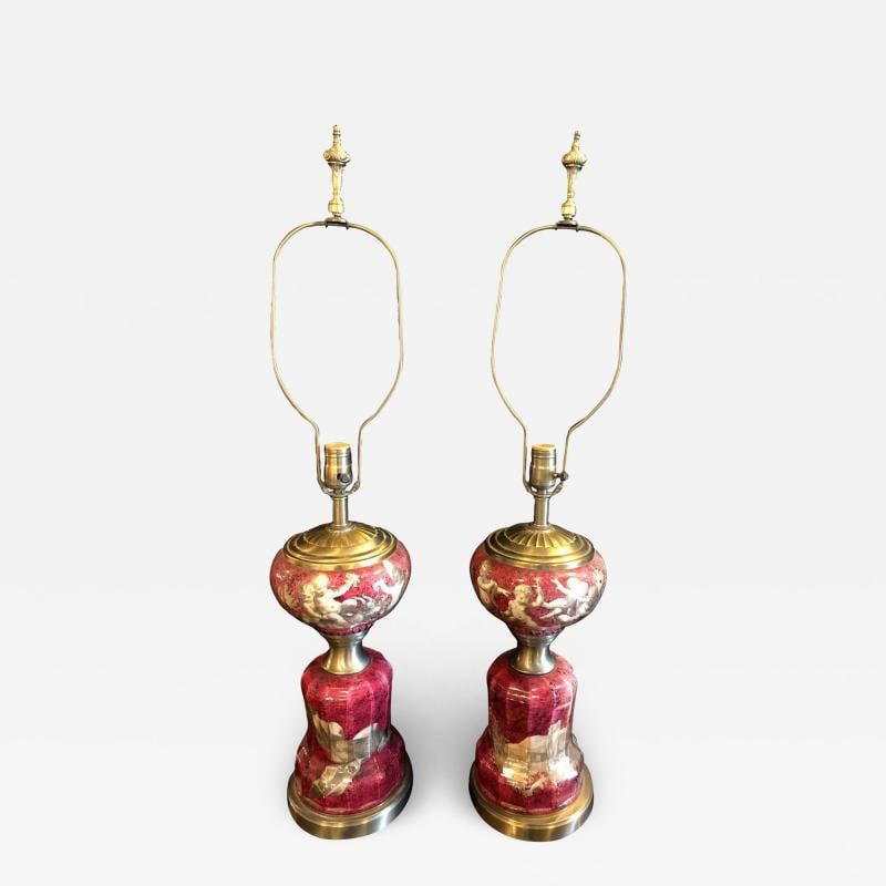 Pair of Neoclassical Cranberry Glass Decoupage Cherub Decorated Table Lamps - 2