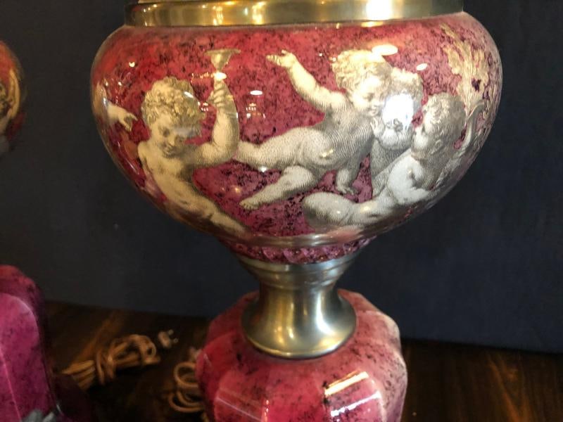 Pair of Neoclassical Cranberry Glass Decoupage Cherub Decorated Table Lamps - 4