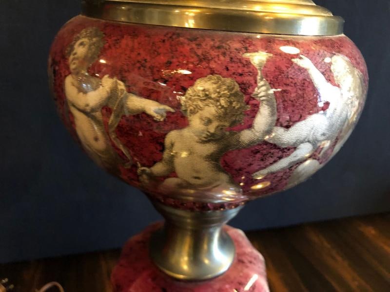 Pair of Neoclassical Cranberry Glass Decoupage Cherub Decorated Table Lamps - 5