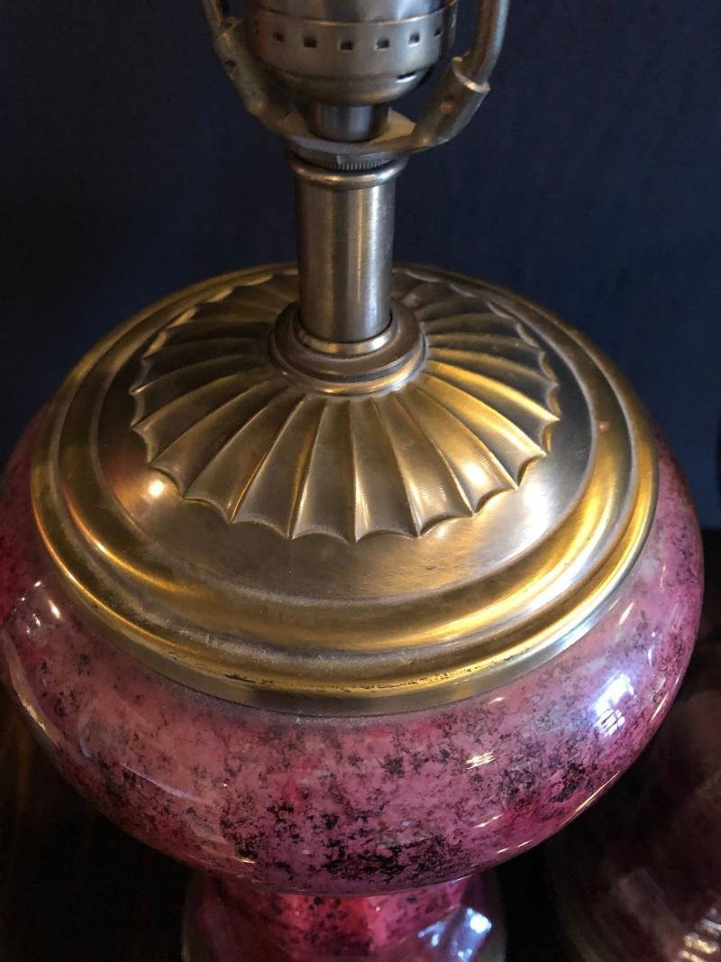 Pair of Neoclassical Cranberry Glass Decoupage Cherub Decorated Table Lamps - 7