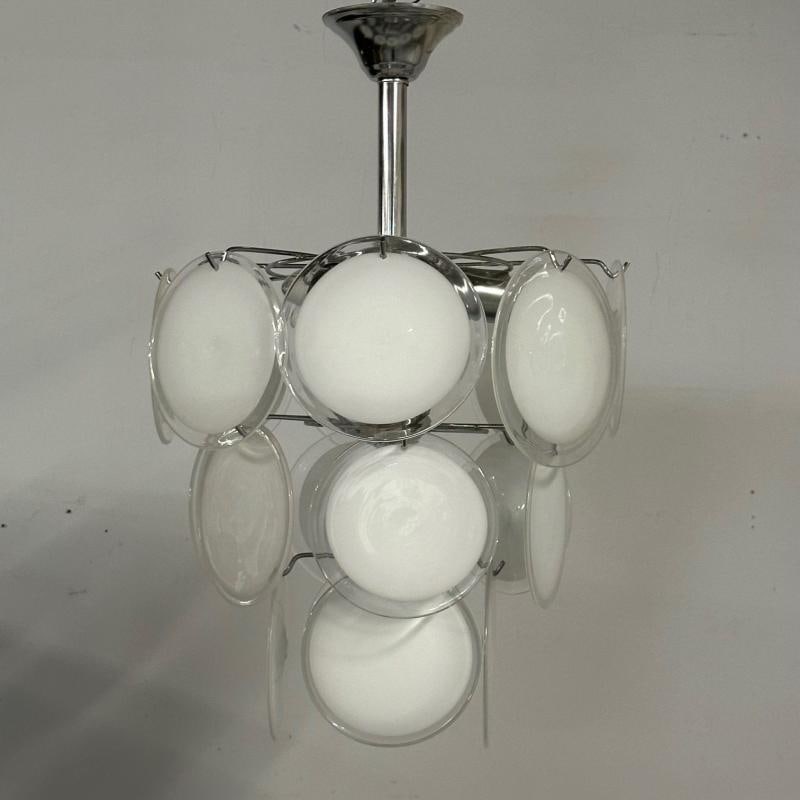 Mid-Century Modern Style Small White Murano Glass Disk Chandeliers / Pendants - 7