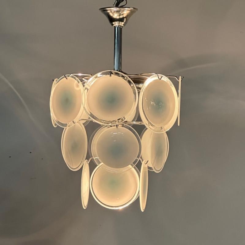 Mid-Century Modern Style Small White Murano Glass Disk Chandeliers / Pendants - 9