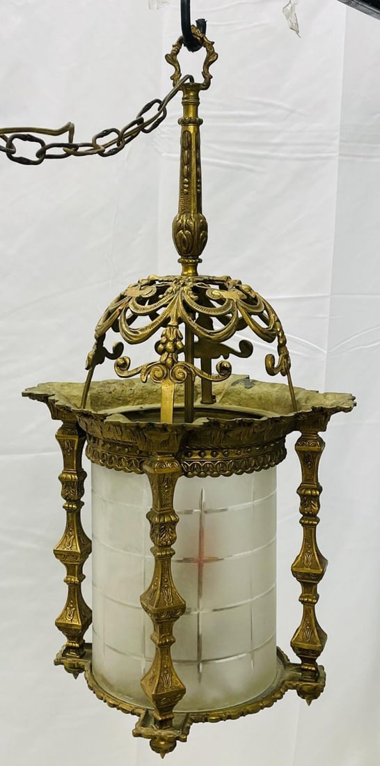 Empire Dore Lantern Chandelier, Frosted Etched Glass, 19th Century, Solid Bronze - 2