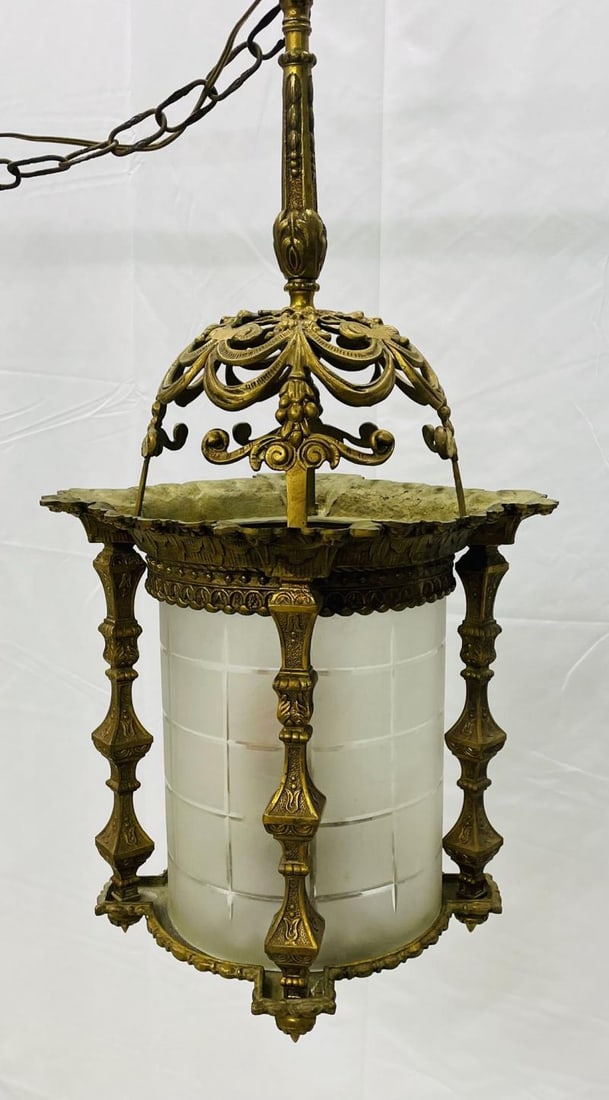 Empire Dore Lantern Chandelier, Frosted Etched Glass, 19th Century, Solid Bronze - 4