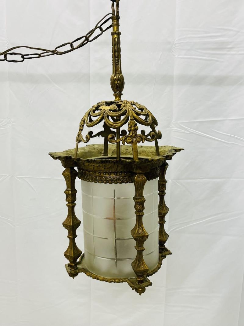 Empire Dore Lantern Chandelier, Frosted Etched Glass, 19th Century, Solid Bronze - 6