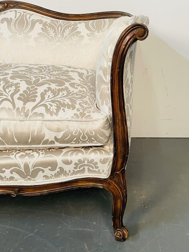 Small Louis XV Mahogany Carved Settee / Sofa, Floral Silk Upholstery - 8