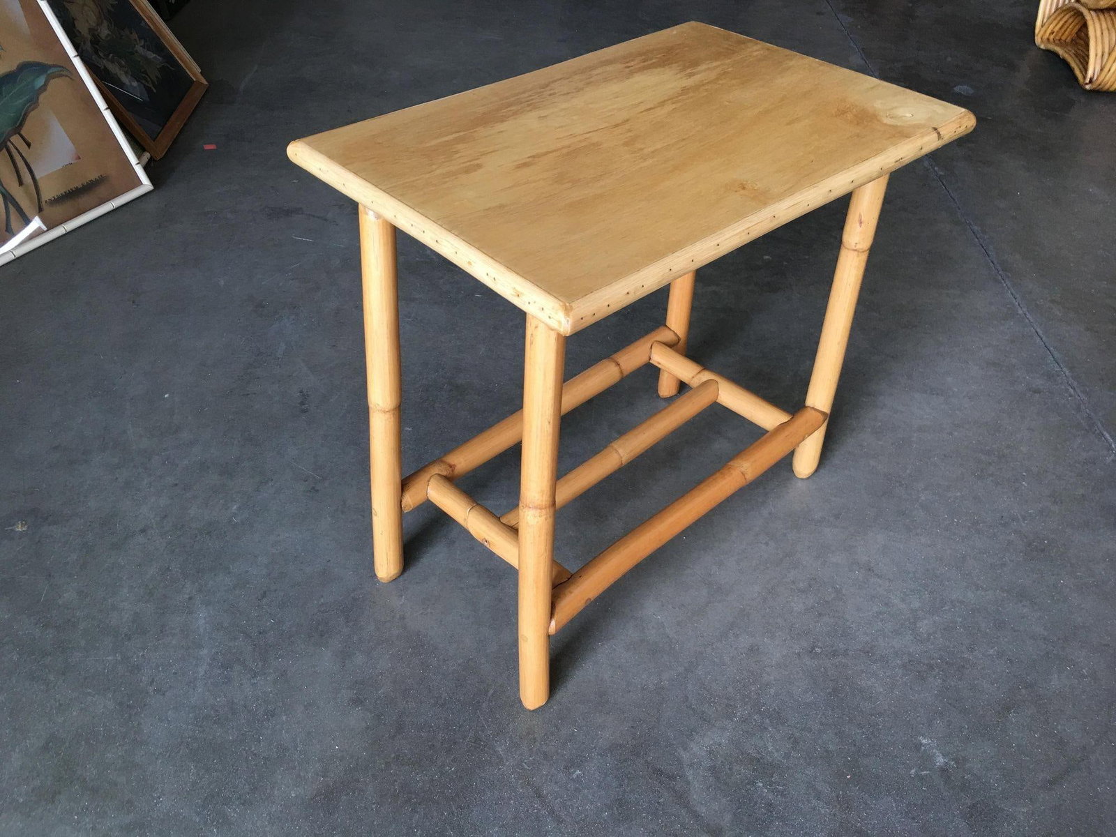 Restored Vintage "The Duke" Rattan Side Bourbon Table With Oak Top - 5