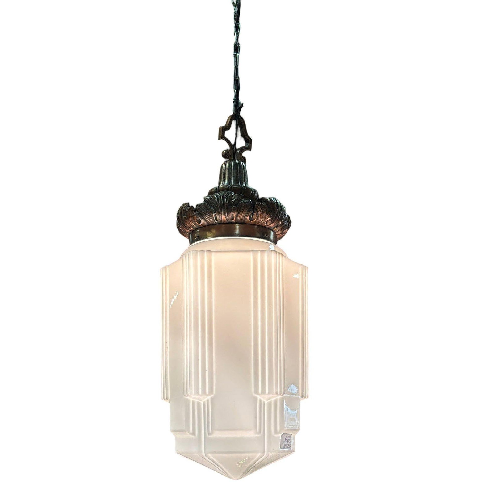 Art Deco Copper Acanthus Leaf Pendant Light w/ Skyscraper Milk Glass Shade - 5