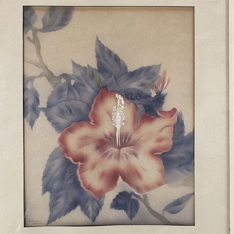 Post War Red Hibiscus Airbrush Painting on Paper by Tip Freeman, Framed - 2