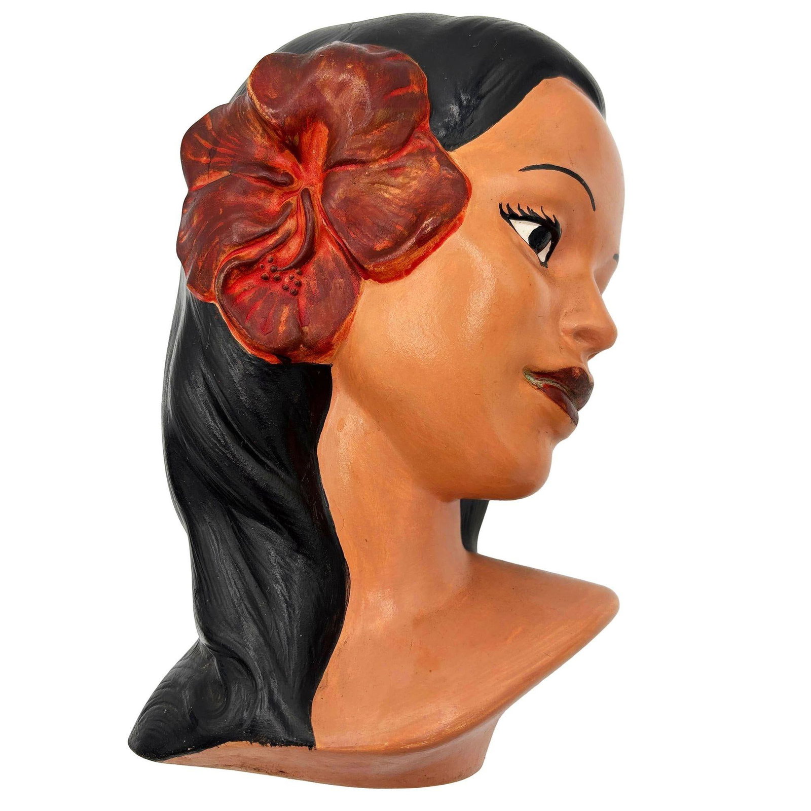 1968 California Art Pottery Hawaiian Polynesian Hula Girl Bust Statue, Signed - 2