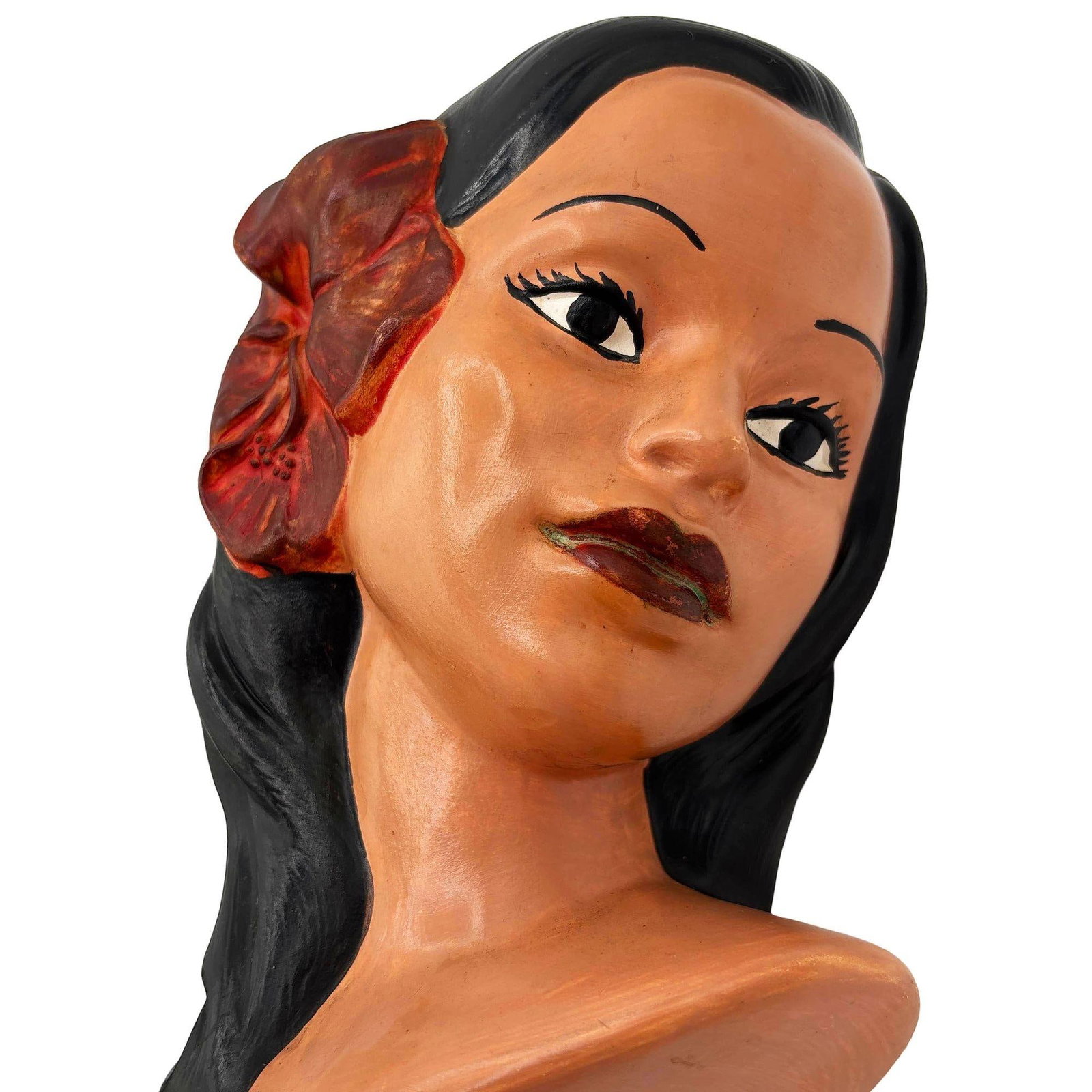 1968 California Art Pottery Hawaiian Polynesian Hula Girl Bust Statue, Signed - 3