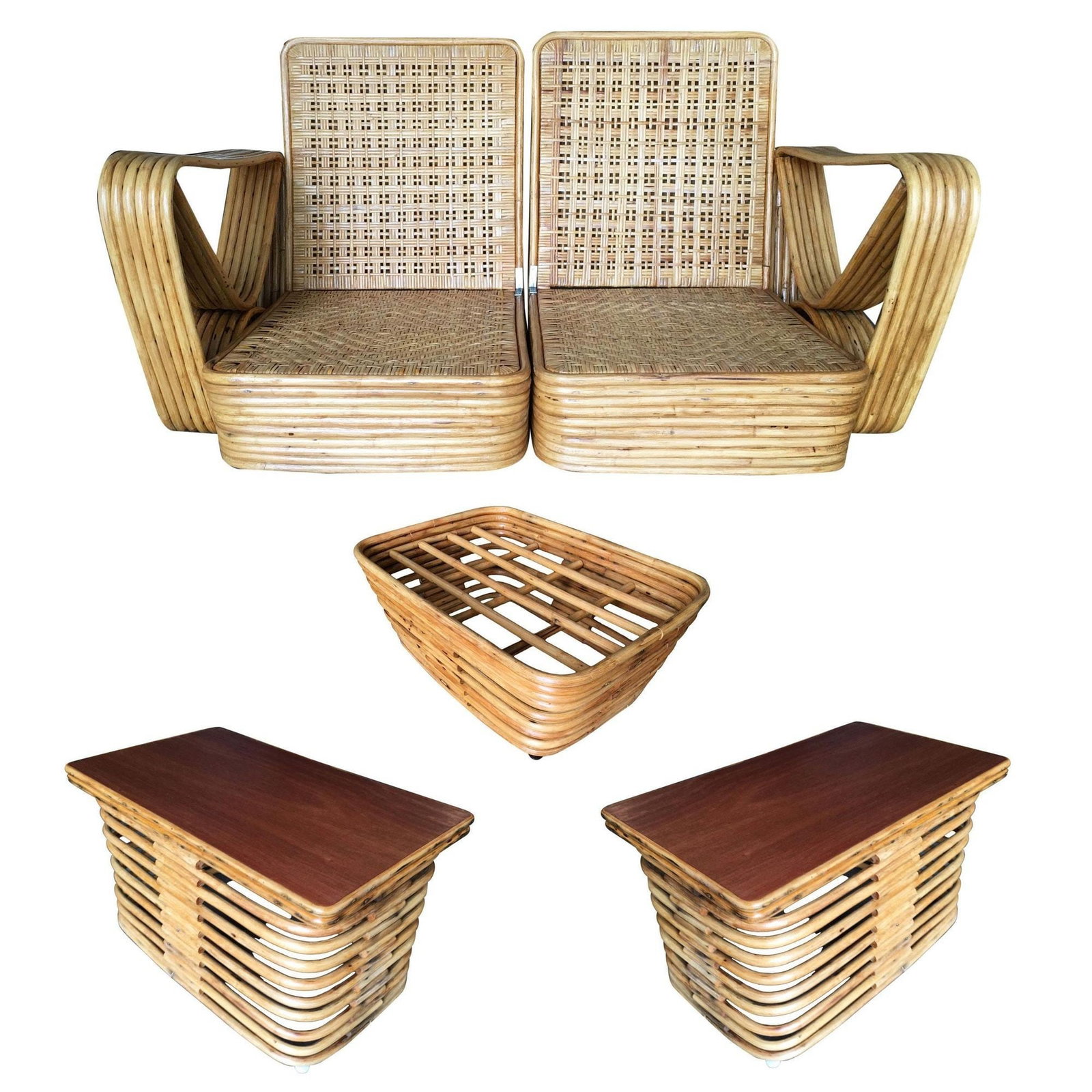 Restored Paul Frankl Six-Strand Wicker Sofa Rattan Living-Room Set with Cushions: Title: Restored Paul Frankl Six-Strand Wicker Sofa Rattan Living-Room Set with Cushions Description: Paul Frankl style stick rattan living room set including a matching three-seat sectional sofa,
