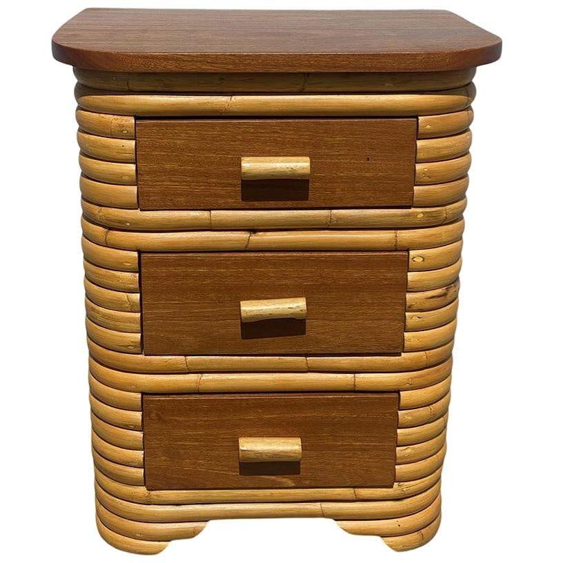 Restored Streamline Art Deco Stacked Rattan Bedside Table W/ Mahogany Top, Pair - 2