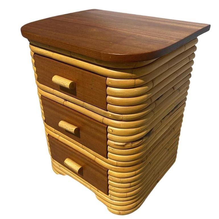 Restored Streamline Art Deco Stacked Rattan Bedside Table W/ Mahogany Top, Pair - 3
