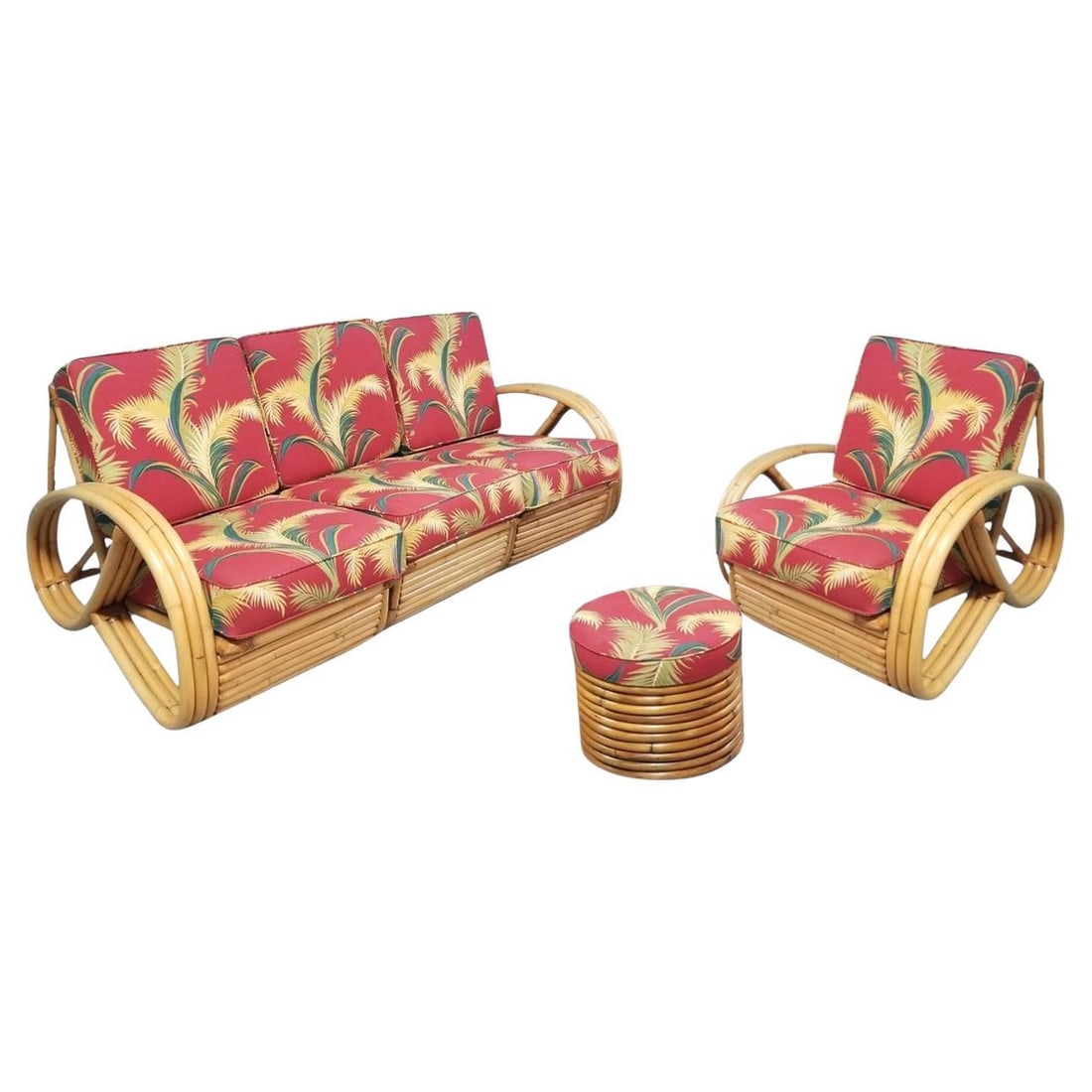 Restored Mid-century Rattan 4-Strand 3/4 Pretzel Sofa & Chair Living Room Set: Title: Restored Mid-century Rattan 4-Strand 3/4 Pretzel Sofa & Chair Living Room Set Description: 3 piece living room set of restored rattan furniture. A 3/4 pretzel arm sofa that is made up of 3 piec