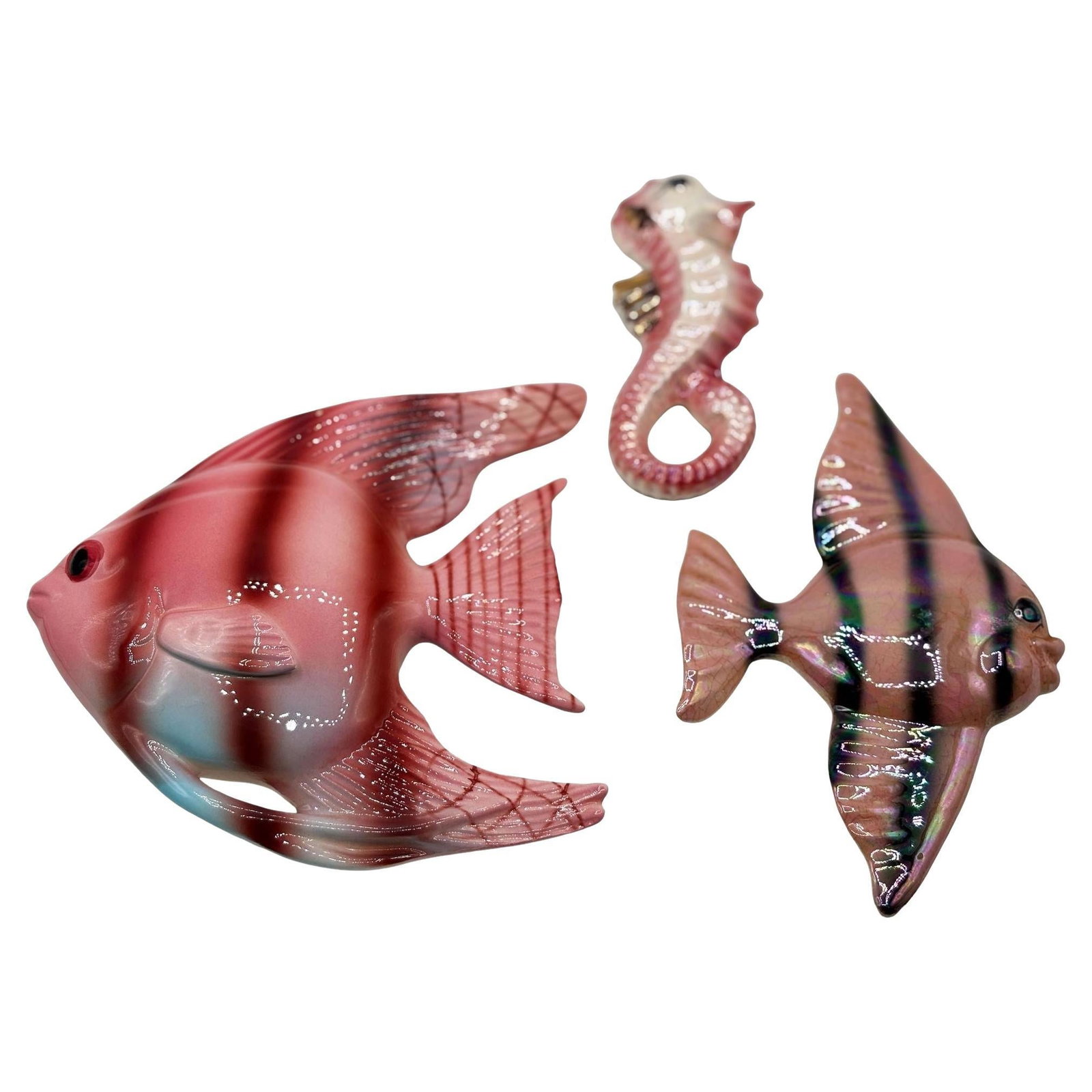 MCM Ceramic Angel Fish & Seahorse 3 Piece Wall Sculpture Set by Freeman Mcfarlin: Title: MCM Ceramic Angel Fish & Seahorse 3 Piece Wall Sculpture Set by Freeman Mcfarlin Description: Original Mid-century 3-piece wall sculpture set featuring 2 ceramic angel fish and 1 Seahorse.