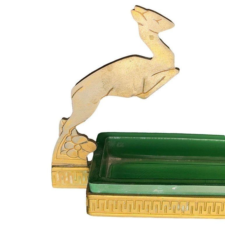 Art Deco Brass & Green Glass Leaping Gazelle Ring Tray - 4