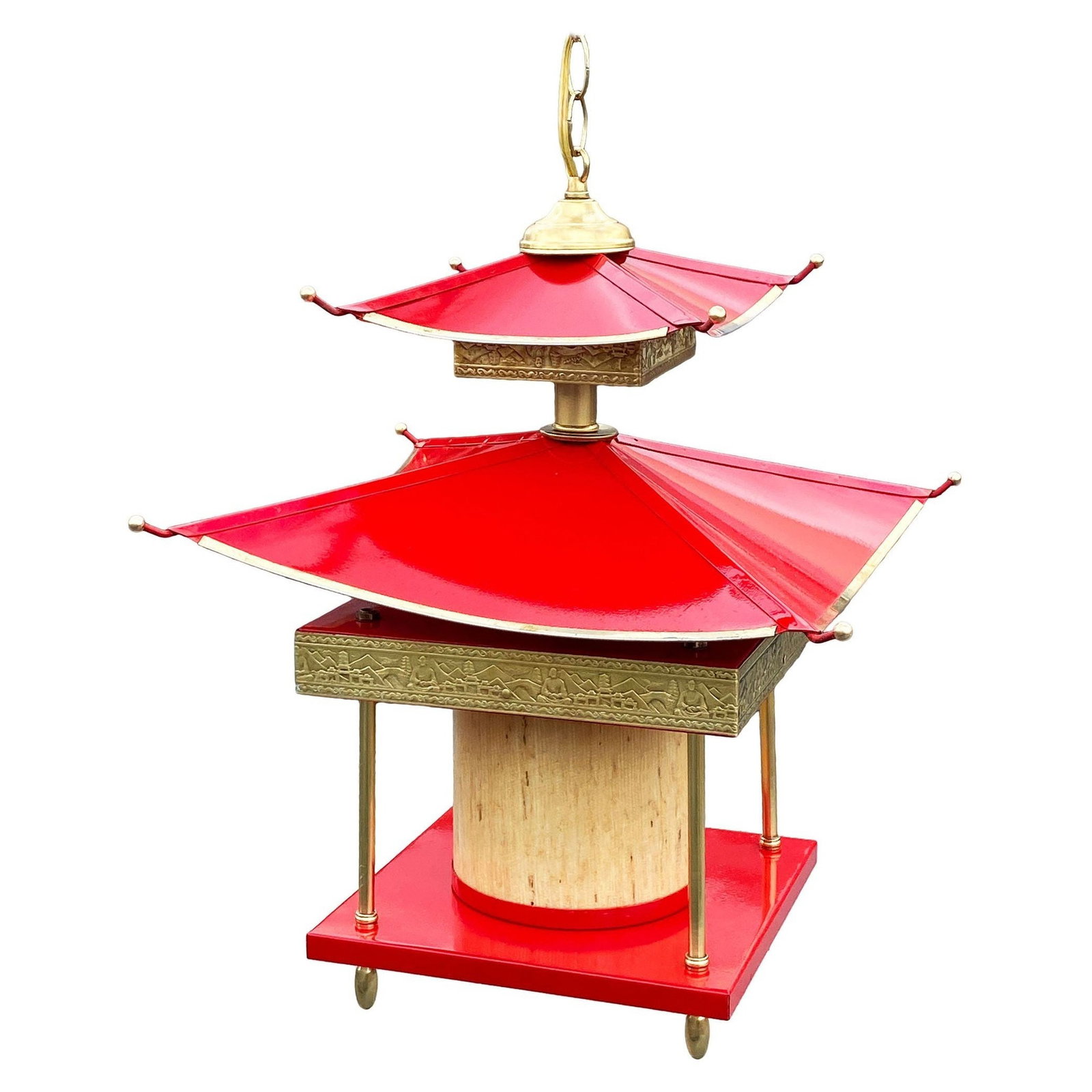 Mid-Century Pagoda Enameled Red Metal & Gold-Tone Tole Chinoiserie Chandelier (1 of 5)