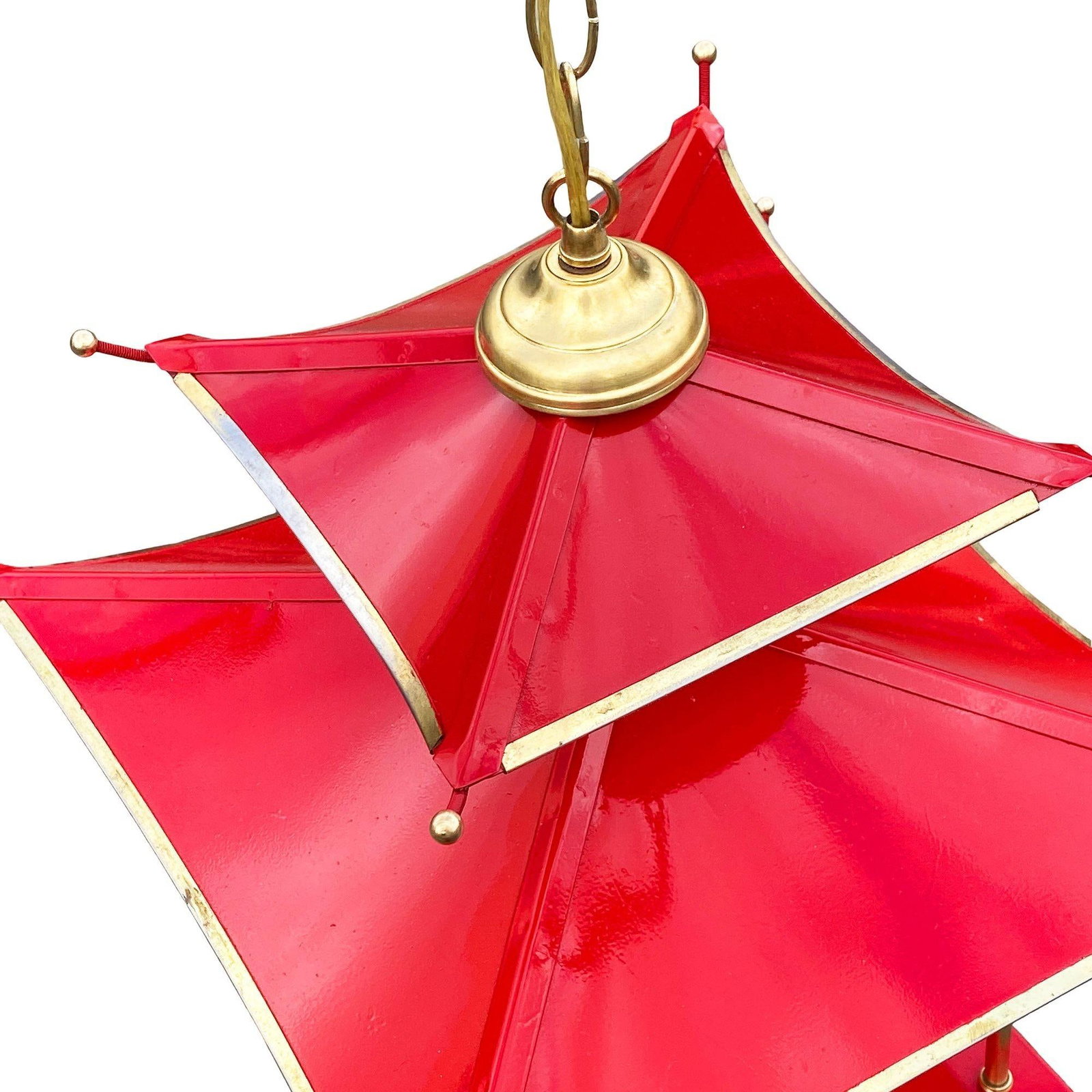 Mid-Century Pagoda Enameled Red Metal & Gold-Tone Tole Chinoiserie Chandelier - 4