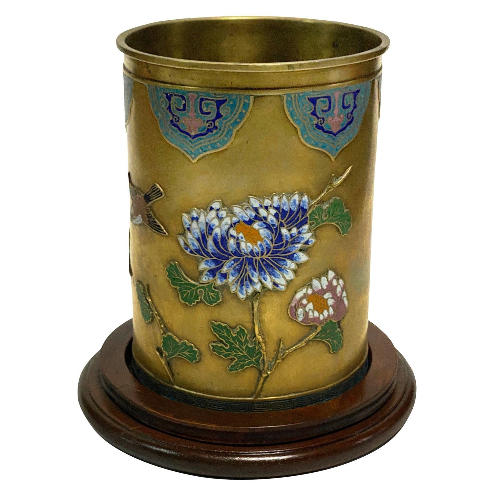 Chinese Floral Bronze Cloisonne Enamel Cylinder Vase w/ Wood Base: Title: Chinese Floral Bronze Cloisonne Enamel Cylinder Vase w/ Wood Base Description: 20th Century Chinese bronze cloisonné vase features stunning floral and bird pattern recesses in the metal with