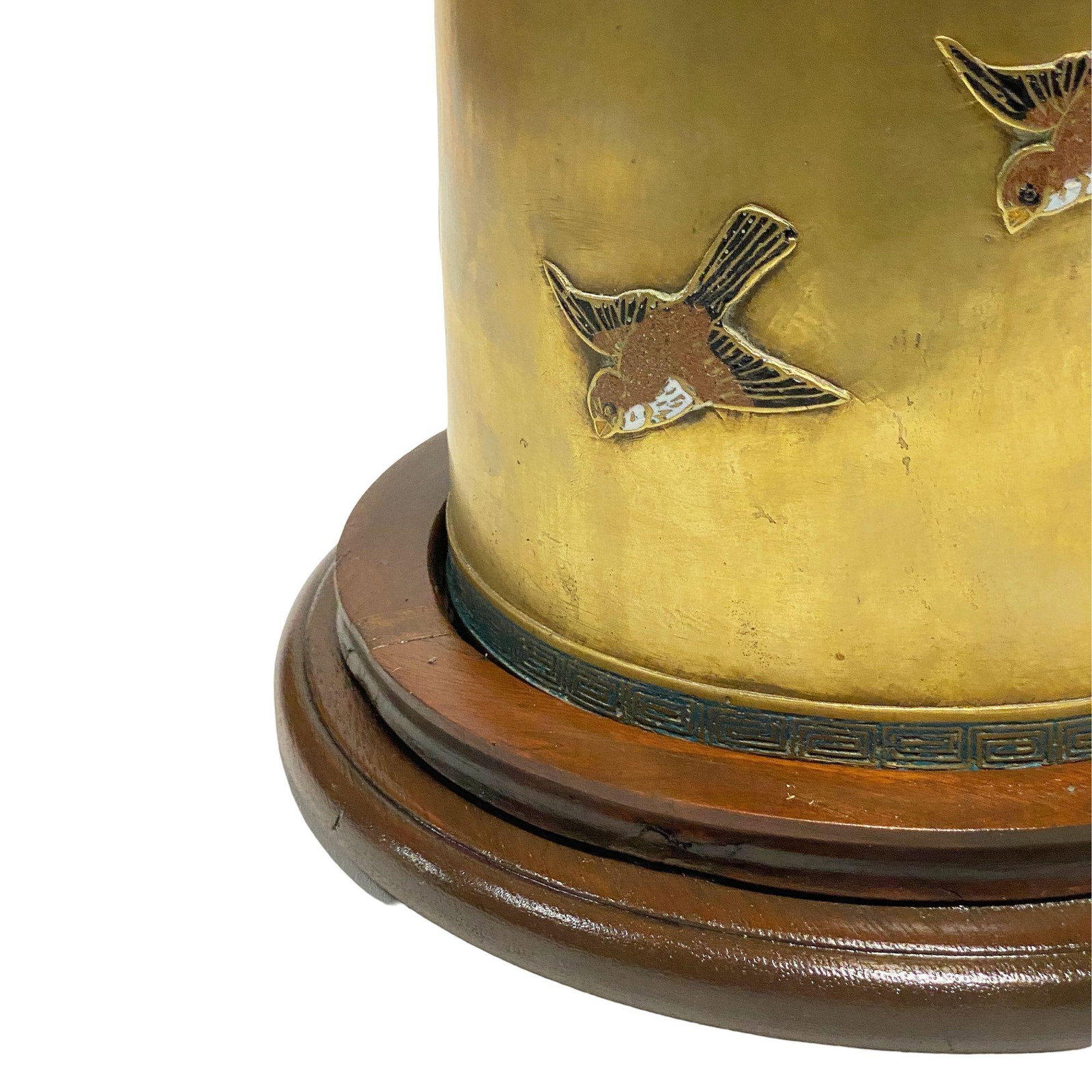 Chinese Floral Bronze Cloisonne Enamel Cylinder Vase w/ Wood Base - 2