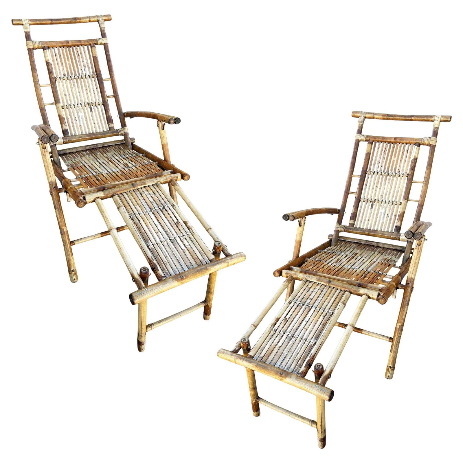 Restored Aesthetic Movement Tiger Bamboo Garden/Patio Fold Lounge Recliner, Pair: Title: Restored Aesthetic Movement Tiger Bamboo Garden/Patio Fold Lounge Recliner, Pair Description: Set of two restored late Victorian folding Tiger Bamboo Garden/Patio Lounge Recliners. Each chair
