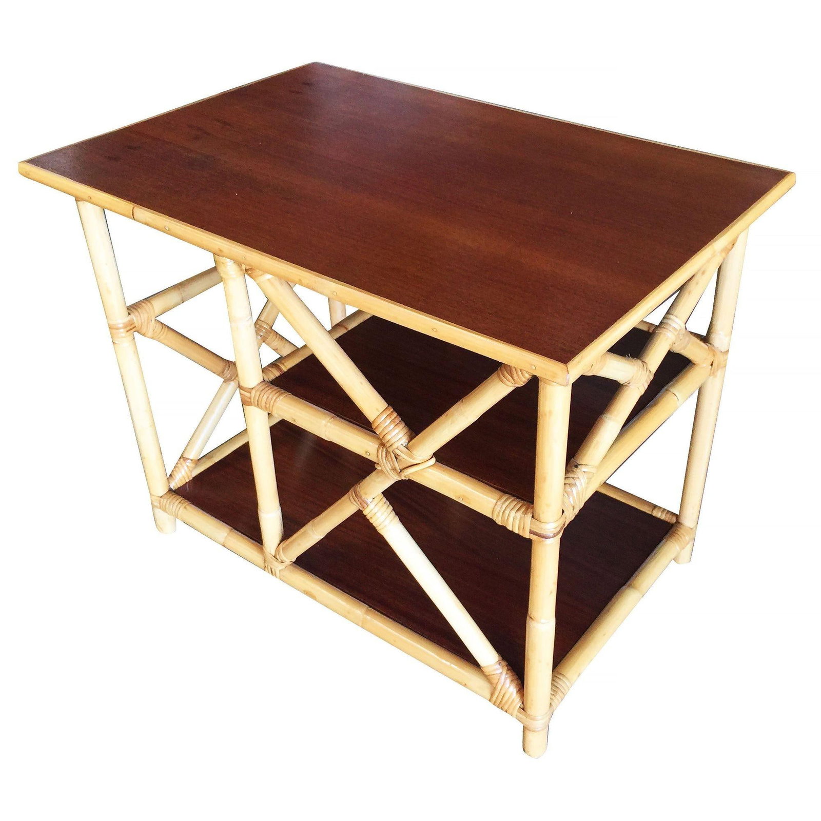 Restored Mahogany and Rattan Three-Tier Side Table - 2