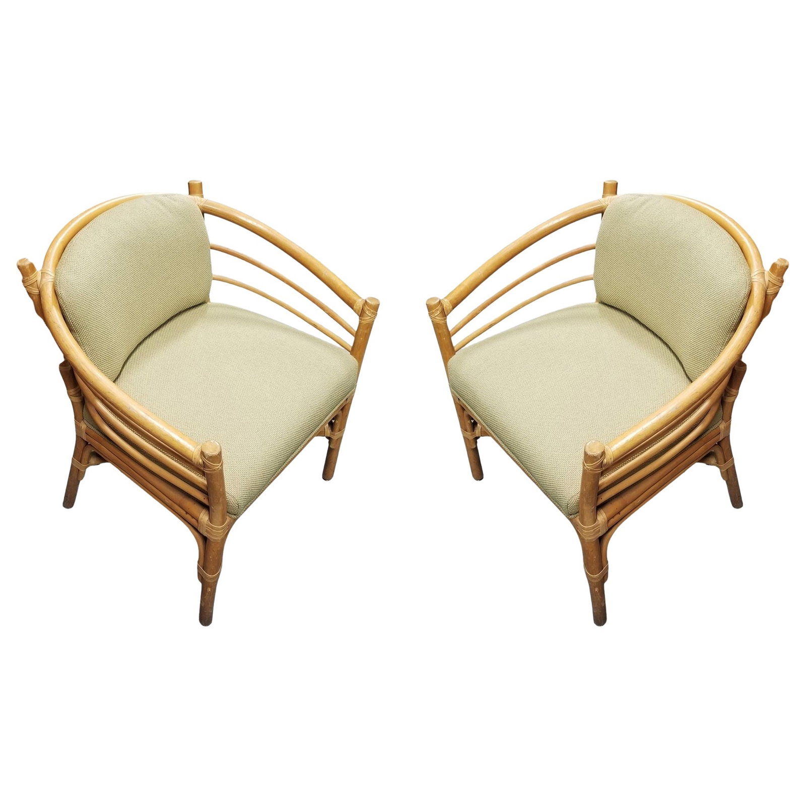 Restored Rattan Barrel Back Dining Chair Armchair W/ Skeleton Arms - Pair: Title: Restored Rattan Barrel Back Dining Chair Armchair W/ Skeleton Arms - Pair Description: Pair of restored Paul Frankl-inspired rattan barrel-backed dining armchairs with skeleton arms and leather