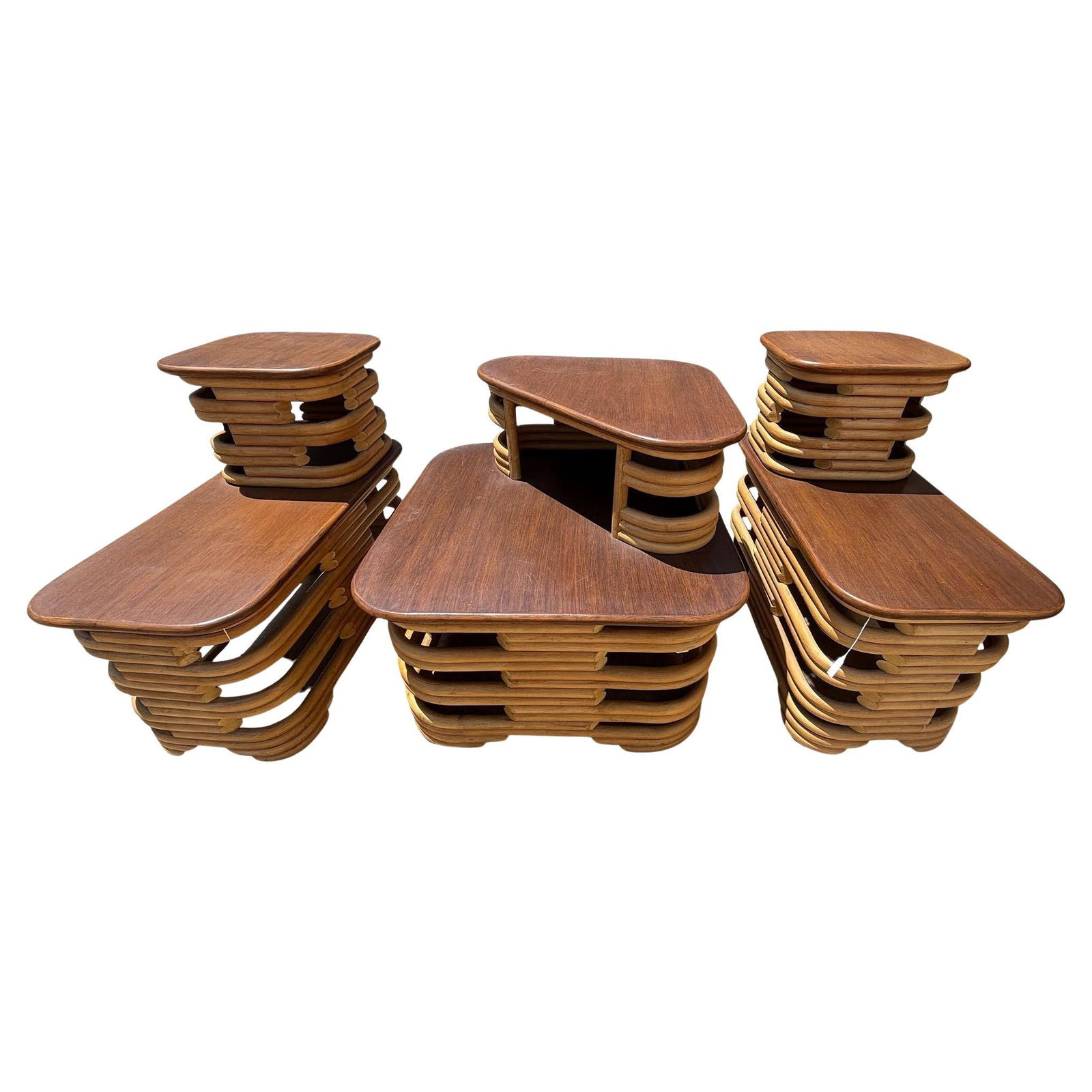 Mid-Century Two-Tier Stacked Rattan & Mahogany Coastal Side & Corner Table Set (1 of 5)