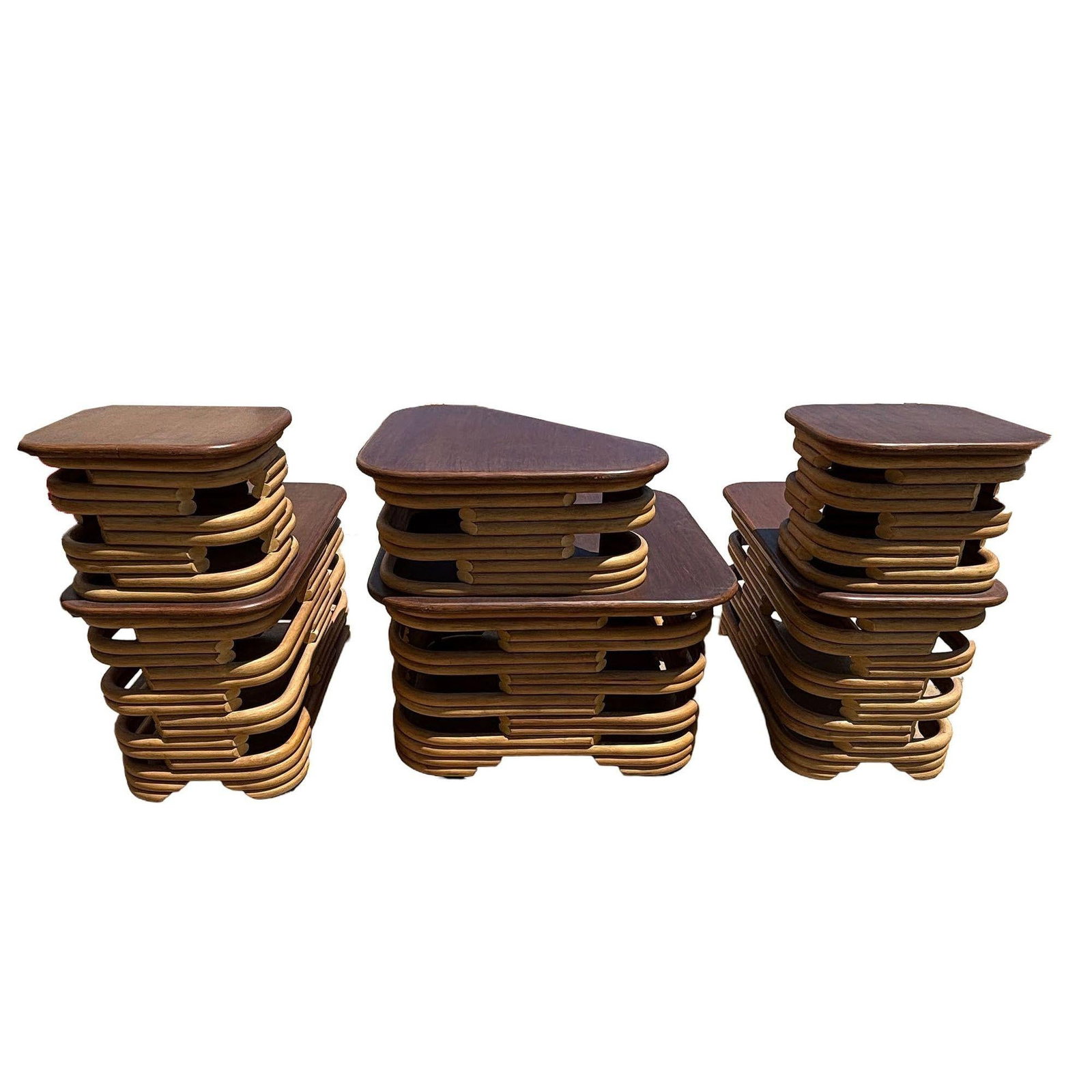 Mid-Century Two-Tier Stacked Rattan & Mahogany Coastal Side & Corner Table Set - 2